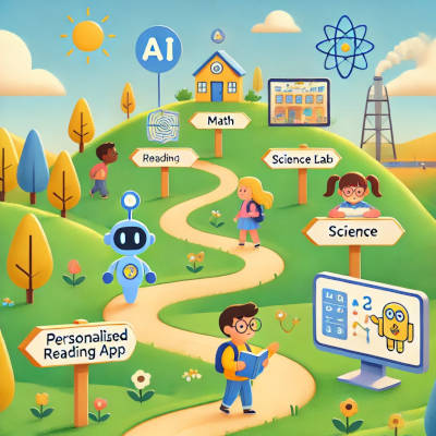 AI Education path illustration. A winding path leading through a cartoon landscape. Along the path are signposts and landmarks representing different AI-powered educational tools – a personalized reading app, an AI tutor for math, a virtual reality science lab. Students represented by cartoon like figures are shown interacting with these tools along the path.